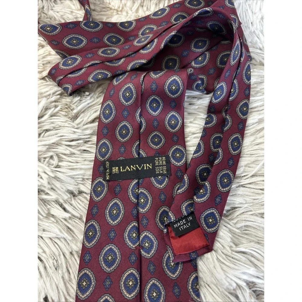 Lanvin Geometric 100% Silk Neck Tie Classic Italy Burgundy Designer Luxury‎